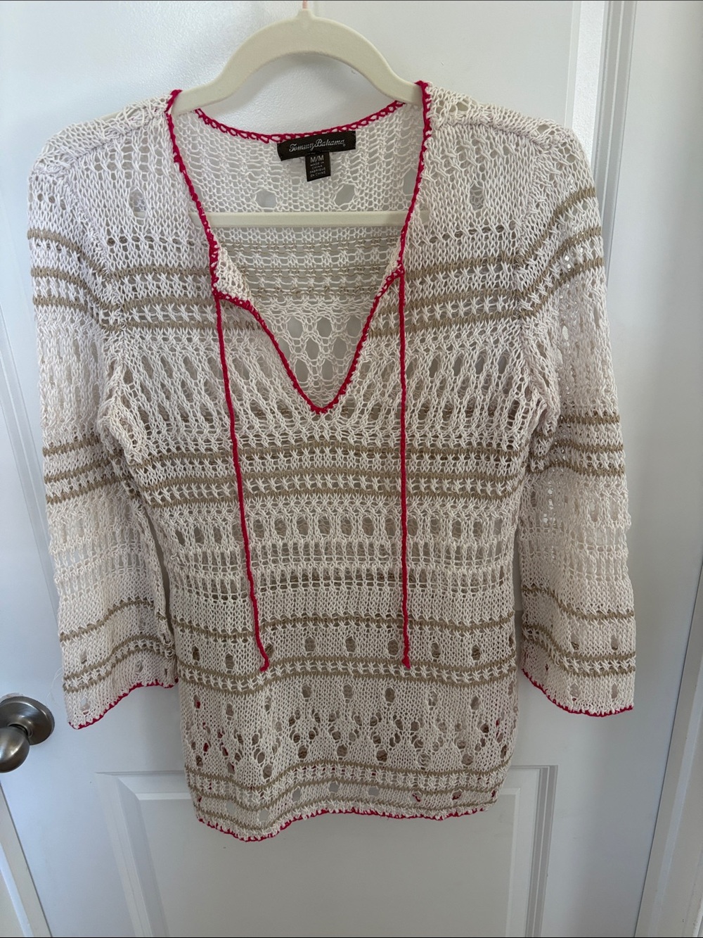 Tommy Bahama Ivory Crochet Pullover with Tan Stripes & Pink Trim